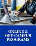 Access information for online and off-campus programs. View of student typing on computer.